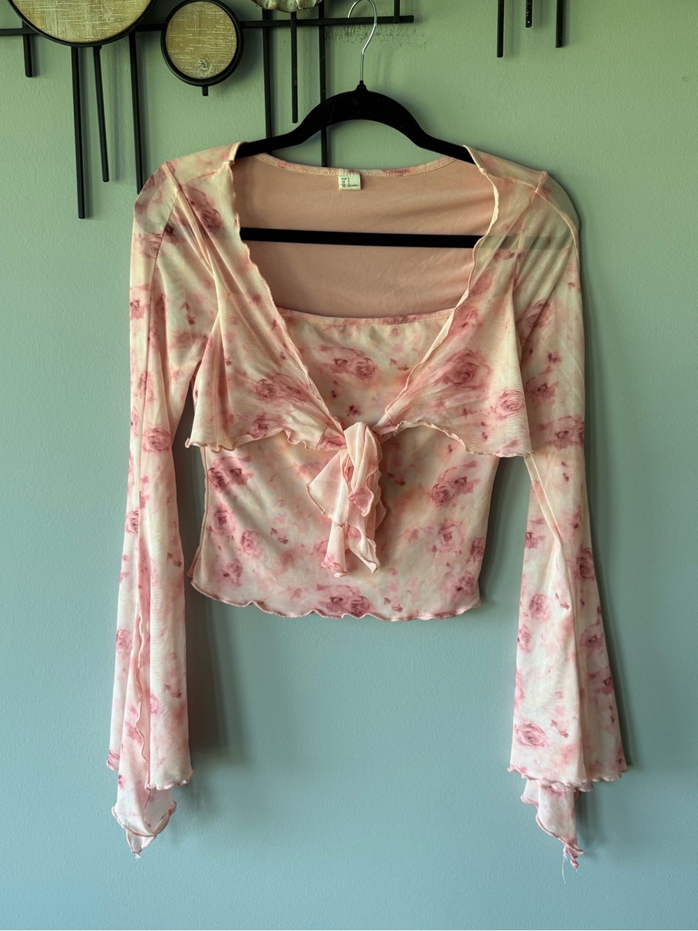 Amazon Blush Pink Floral Tie-Front Long Sleeve Bustier Top